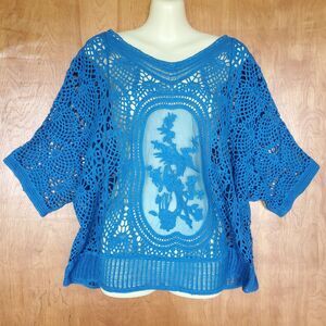 Colleen Lopez Crochet Top Sz M Blue Floral Mesh Boho Festival Cottage Granny